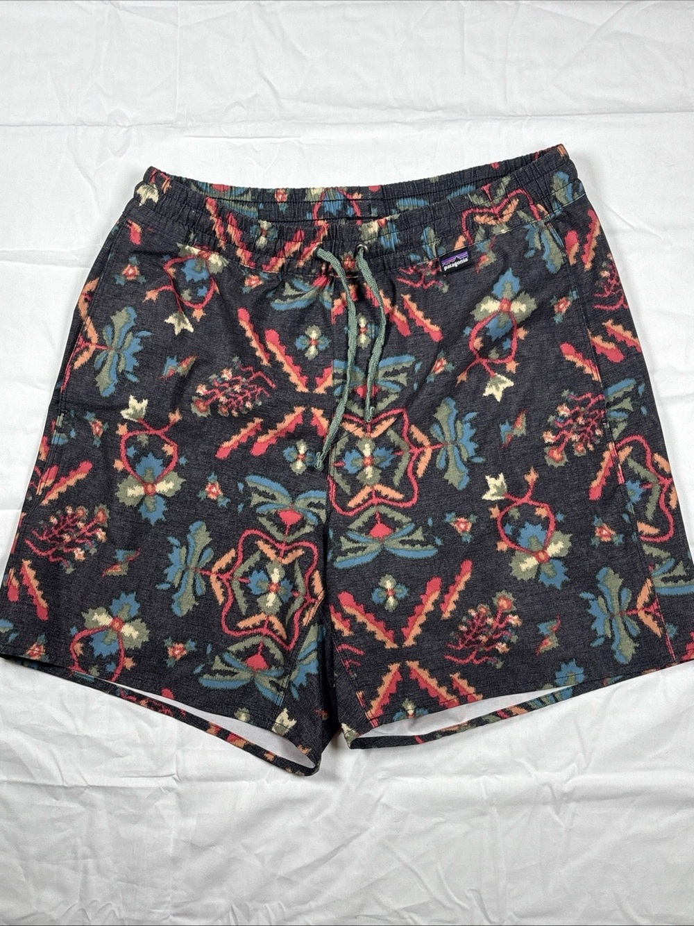 Patagonia Black Swim Trunks with Red and Blue Floral Print